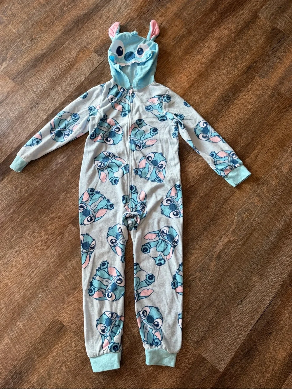 Disney Stitch Girls Fleece Hooded One Piece Pajamas Size 8